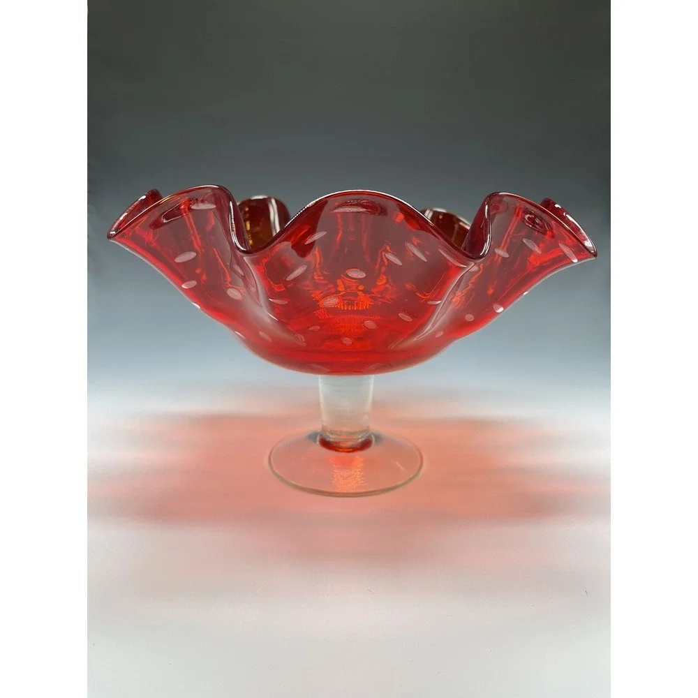 Vtg‎ Bischoff Amberina Ruffled Compote Bowl Bubbles Glass Clear Stem Banana Boat